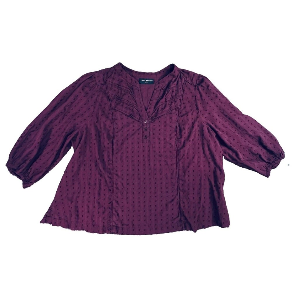 Lane Bryant Maroon Plum Cotton Blouse Sz 16 3/4 Slv Swiss Dot V-Neck Pintuck